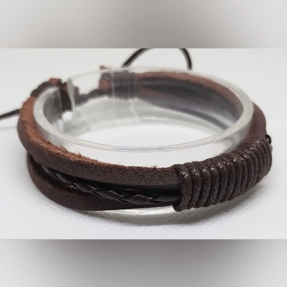 Men's Bracelet Leather Braided Layered Brown New f30‎